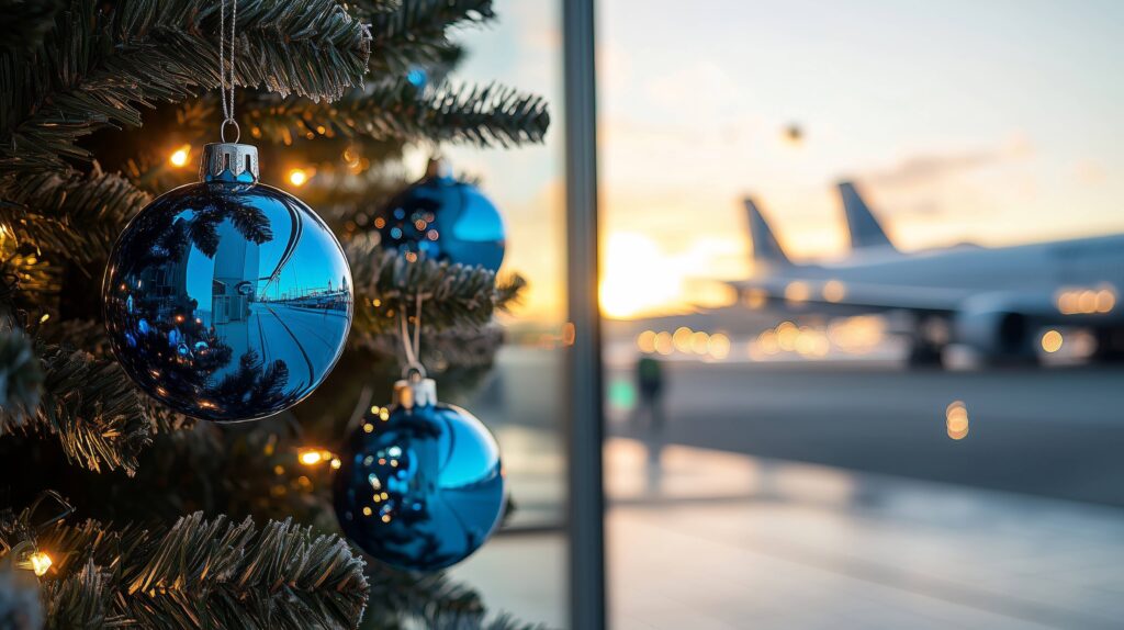 Closeup of Christmas tree with blue ornaments at airport